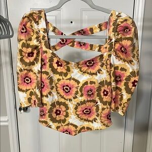 Free People Pink and Red Crop Cut Out Blouse